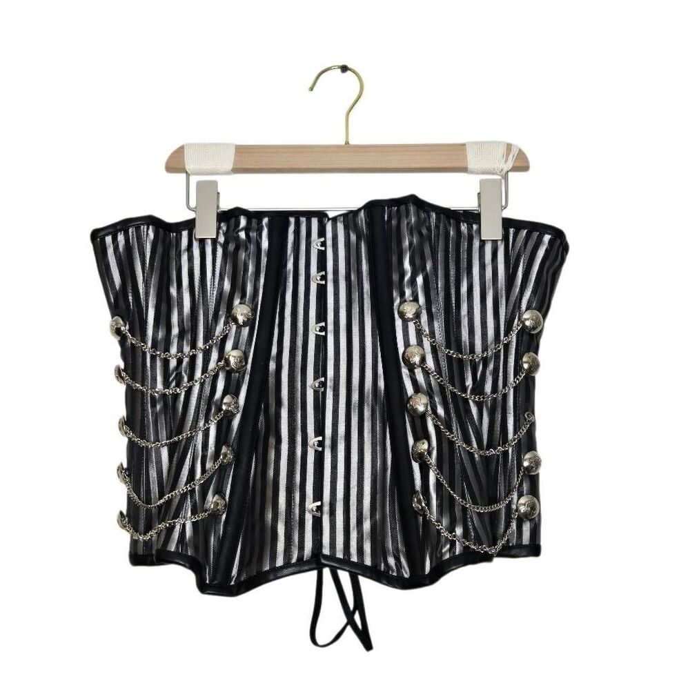Silver Black Boned Corset Size 28 Stripe Button Chain Heavy Burlesque Steampunk